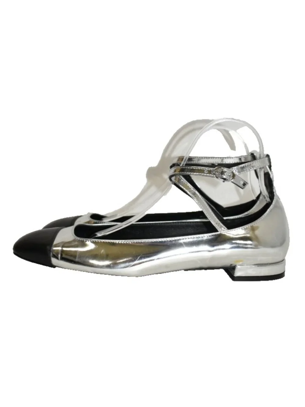 $600 STUART WEITZMAN EDEN STRAP FLAT BALLERINA LEATHER SILVER BLACK 9 B (PD1)